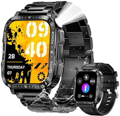 Military Smart Watch for Men with LED Flashlight Watch 2.0'' Big Screen Tactical Smartwatch 430mAh Big Battery Fitness Tracker with Heart Rate Sleep Monitor for iPhone Android (Charcoal Steel)