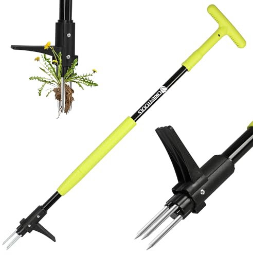 ORIENTOOLS Weed Puller Stand Up Weeder Hand Tool with 3 Claws for Dandelion, Steel Twist Hand Weed Root Pulling Tool, 39.4 Long Handle Lawn Easy Root Remover Garden Tool with T-Grip, Light Green