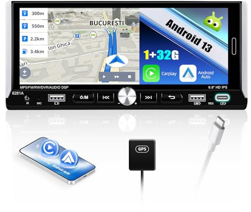 [1+32G] SIXWIN Android 13 1 DIN Radio Coche con CarPlay&Android Auto, 6.9 Pulgadas Pantalla Táctil con Bluetooth/WiFi/GPS/FM/RDS/2USB/Type-C