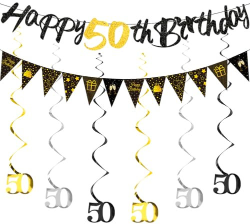 HUKUMA 50. Geburtstag Mann,Geburtstagsdeko 50 jahre Frau,Sweet 50 Deko Luftschlangen Schwarz,Geburtstag Girlande Spiralen, Happy Birthday Banner Deko zum 50 Geburtstag Männer Frauen