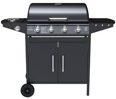 Avilia Barbecue a Gas 4+1 Fuochi Martin – BBQ da Esterno in Acciaio Nero con Griglia Inox, Bruciatore Laterale, Termometro, Cappa e Ruote, Barbecue a Gas Esterno Professionale