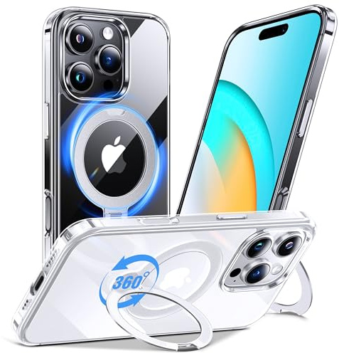 Anqrp 360° ALL-in-ONE Crystal Clear Case for iPhone 16 Pro with Rotatable Magnetic Stand, Compatible with Mag-Safe, Anti-Yellowing Transparent MIL-Grade Shockproof Phone Case Cover for iPhone 16 Pro
