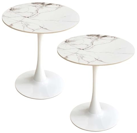 KaBuea Table de Salle à Manger Ronde pour 2, Table de Cuisine avec Base en Acier, Patin antidérapant pour Salon, Salle à Manger, Faux marbre Blanc, Pack de 2
