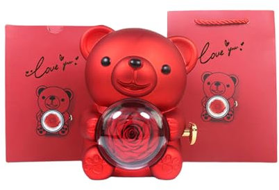Boîte à bijoux en forme d'ours avec rose éternelle, convient pour la fête des mères, les mariages et les célébrations intimes