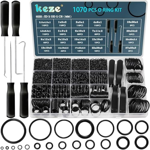 KEZE 1070-teiliges Sortiment mit 20 O-Ring-Größen, Pick- und Hook-Set für verschiedene Autoklimaanlagen, Reparatur von Hochdruckreinigern, Wasserhähnen, Außendurchmesser: 4,5 mm bis 33 mm