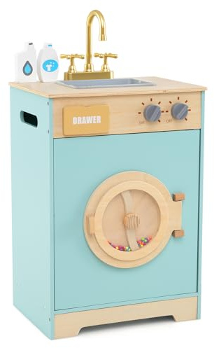 HONEY JOY Kids Laundry Playset, Wooden Toy Washing Machine with Laundry Accessories, Rotary Wheel with Beads, Pretend Play Washer Toy Kitchen Set with Sink & Drawer, Gift for Boys Girls, Blue