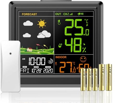 Station Météo Interieur Exterieur Sans Fil, 3 Niveaux Luminosité, Thermometre Hygrometre Avec Date Heure, Réveil, Prévision Météorologique, Avec Ecran LCD Couleur Rétro-Éclairé