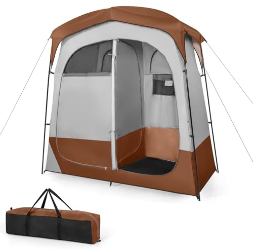 COSTWAY Duschzelt mit 2 Räumen, Umkleidezelt mit abnehmbarem Regenschutz, Innentasche, Wäscheleine & oberem Haken, Outdoor Privatsphäre WC Zelt Toilettenzelt zum Campen, 210 x 106 x 210 cm