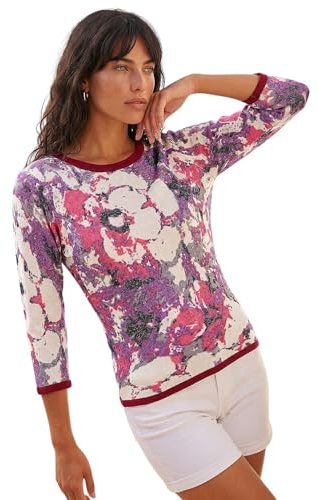 Roman Originals 3/4 Sleeve Knit Jumper for Women UK - Ladies Animal Leopard Floral Flower Print Everyday Autumn Winter Round Neckline Evening Vacation Work Party Night Out