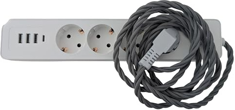 Retro 4-Fach Verlängerungskabel 2m mit geflochtenem Stoffmantel – 16A Vintage Steckdosenleiste, gedrehtes Textilkabel, nostalgisches Design, TUV/GS/CE geprüft – in 5 eleganten Farben (Dawn Mist)