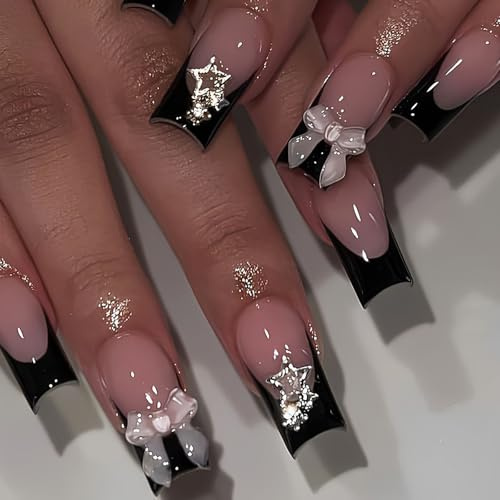 24pcs Long Square False Nails, Black Tip French Press on Nails - Acrylic Stick on Nails with 3D Bow & Stars - Artificial Black Nail Tips Full Cover Fake Nails with Glue for Women Girls Nail Art