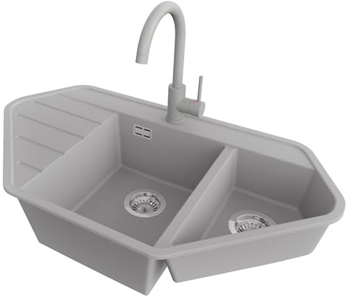 PRIMAGRAN Granitspüle ab 70er Unterschrank + Küchenarmatur, 90x50cm | Set: Küchenarmatur BW5010 + Ablauf-Set (Siphon, Ablaufgarnitur, Überlauf) + Spülbecken 1,5 Becken - Kopenhagen, Grau
