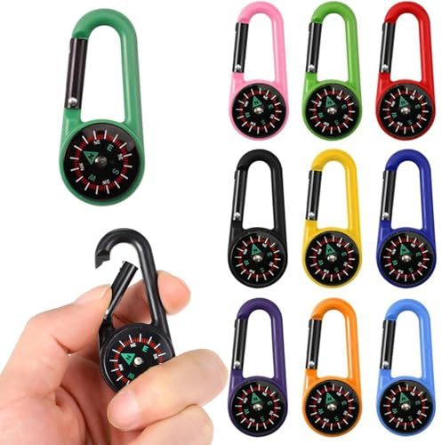 Ousuwo Bunte Karabiner-Kompass mit Karabinerhaken, tragbarer Mini-Kompass, Schlüsselanhänger-Clip für Outdoor, Wandern, Camping, Rucksackreisen, Reisen, Navigation, 10 Stück