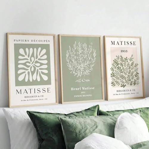 Xiyocadt 3er Stilvolle Poster Set, Grün Pflanzen Leinwand Bilder,Abstrakte Matisse Poster,Vintage Leinwanddrucke,für Wohnzimmer Schlafzimmer Bad Büro,Ohne Rahmen (40x50cm)