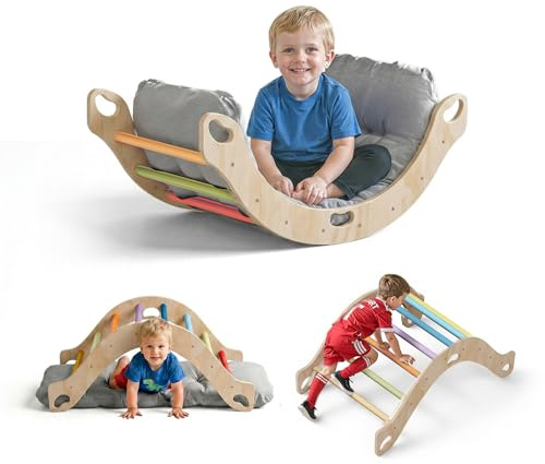 COSYLAND Montessori Kletterbogen aus Holz mit Kissen, Baby Kletterbogen ab 1 Jahr, Holzwippe Indoor zum Wippen, Klettern und Krabbeln, Bogenwippe Regenbogen