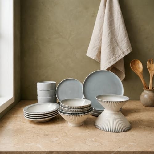 Vajilla Completa de Ceramica Gris Claro 20 Piezas: Set de Lujo para 4 Personas con Platos Llanos de 21cm/25cm, Platos Hondos y Cuencos para Pasta y Cereales