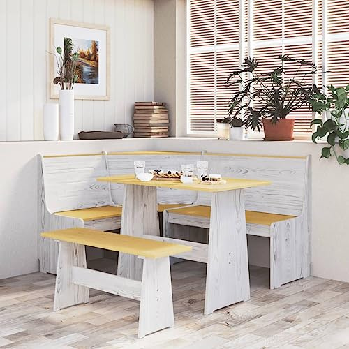 FWIKDUN Eckbank aus Massivholz Kiefer mit Rückenlehne für Wohnzimmer und Esszimmer in Honigbraun und Weiß 151 cm