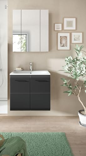 möbelando freiraum Badkombination Ice – 3-teiliges Badezimmer-Set mit Waschtisch, Spiegelschrank & Keramik-Waschbecken – 60x185x46 cm – Nox Oak/Schwarz – FSC®-Zertifiziert