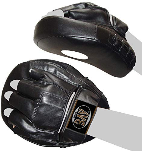BAY® LEDER-PU ERGO Pratzen, Handpratzen, vorgekrümmt, 2 Stück, schwarz, Pratzen, krumm, 2 Stück, Schlagpolster Herren Lady Frauen Damen Mädchen Kinder Schlagkissen Trainerpratzen Schlagpratzen Schlagmitts Mitt Mitts Coachingpratzen Kickboxen Karate Taekwondo Muay Thai Thaiboxen Tae Kwon Do Handschlagpolster 2er Set Boxpratzen