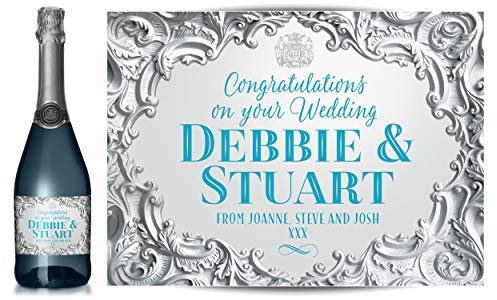 TigerMill Publishing Personalised Silver Effect Champagne Labels for Any Occasion or Event, Birthday, Wedding, Engagement, Anniversary, Hen Night, Christmas etc (Silver/Blue Type)