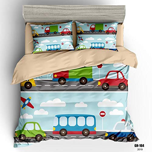 Odot Bettwäsche Set 3tlg, Bedding Natürlich Cartoon Auto Bedrucktes Atmungsaktive Hypoallergen Bequem Weich und Haltbar Hohe Qualität Bettbezug Kissenbezug (Blauer Bus,135x200cm)