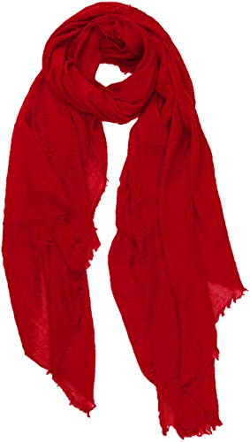 World of Shawls Chic Ladies Cotton Blend Crinkle Distressed Effect Scarf with Fringed Edges (Red)