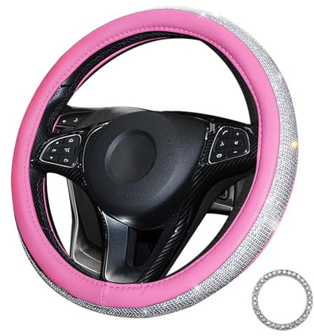 Lifetooler Lenkradbezug Glitzer mit Bling Strass Lenkradhülle Leder Strasssteine Atmungsaktive Universal 38cm/15 Inch Bequem Anti Rutsch Auto Accessoires für Frauen (rosa-weiß)