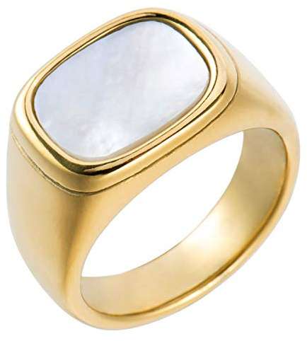 Aurelia Mae Siegelring für Damen, 18 Karat vergoldet, mit Starburst-Siegelring, minimalistisches Perlmutt, Statement-Stück, 8, Edelstahl, Muschel, 18 Karat Gold, Gold, Zirkonia