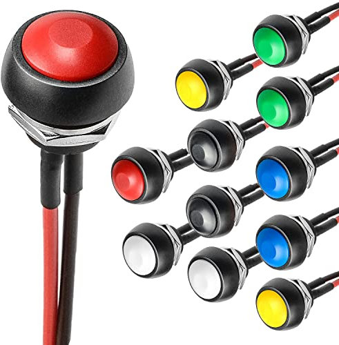 VISSQH 14 pcs 12mm Impermeable Pulsador Momentaneo SPST ON/Off 3A/250VAC,Provisional Redondo Mini Botón para Trompeta de Coche,Timbre de Casa(12V Pre Cableado Interruptor de Botón)