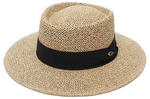 EOZY Chapeau de Paille Femme Homme Vintage Panama Chapeau Pork Pie Été Large Bord Chapeau de Soleil Anti-UV pour Plage Voyage Kaki