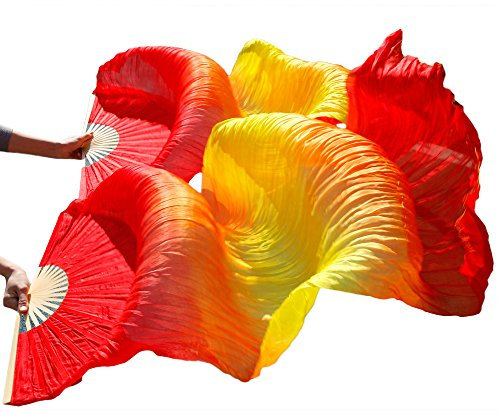 Leemiman Damen Schleier für Bauchtanz, 100 % Bambusseide, 1 Paar (L+R), Rot, Gelb, Rot, 180*90cm