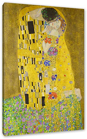 Pixxprint Gustav Klimt - Der Kuss, Weiß, Größe: 100x70cm, Leinwandbild, fertig gespannt, Wandbild, Dekoration, Kunstdruck, kein Poster