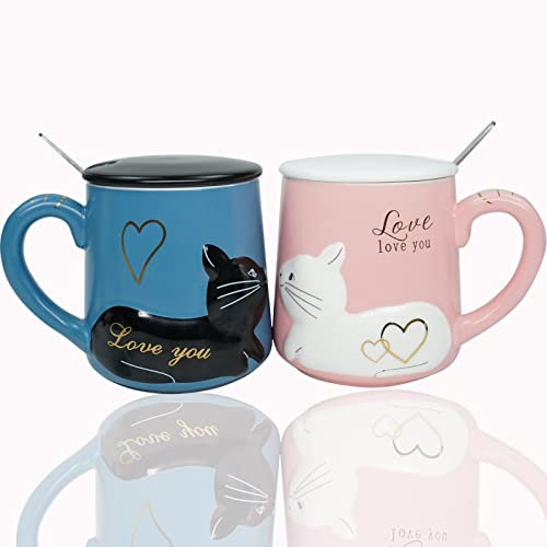 Tasse à café en céramique avec couvercle et cuillère - 400 ml - Motif chat mignon en 3D - Idée cadeau d'anniversaire pour les amoureux des chats - Pour femme et homme