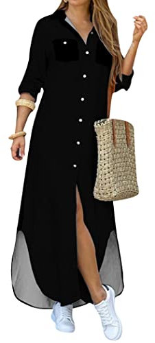 OMZIN Women's Solid Color Print Deep V Neck 3/4 Sleeve High Slit Boyfriend Button Down Long Maxi Dress Black XXL