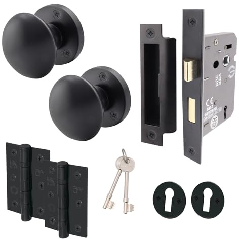 EAI Matt Black Door Knobs with Sash Lock 80mm and Hinges - Victorian | Complete Sash Lock Kit with 1 Pair of Victorian Mortice 55mm Door Knobs, 80mm Sash Lock, 76mm Hinges, Fixings Included