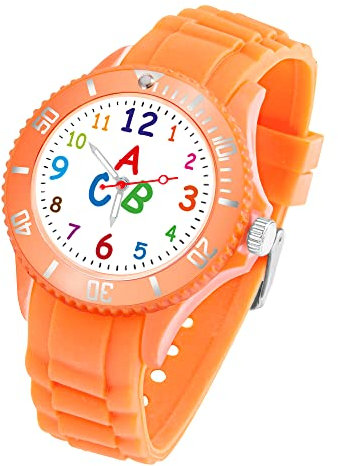 Taffstyle Kinder Armbanduhr Silikon ABC Zahlen Motiv Sportuhr Analog Quarz Bunte Sport Uhr Farbige Kinderuhr Mädchen Junge Lernuhr 34mm Orange