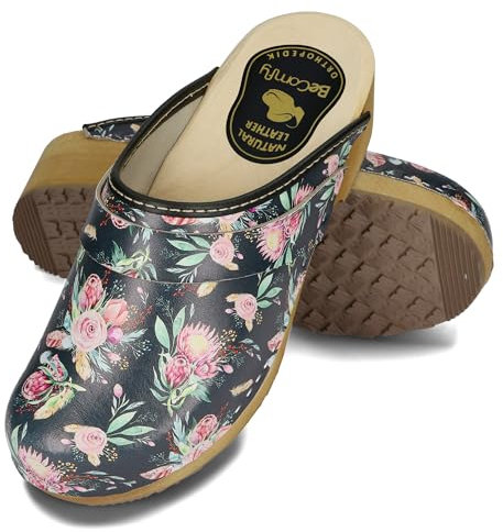 BeComfy Sabots en Cuir pour Femme Mules à Talons en Bois Étoiles Fleurs Colorées Bleu Blanc 35-41 EU (Noir Rose, 39 EU)