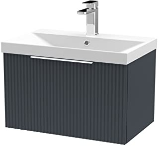 Hudson Reed DFF1494D Fluted Modern Bathroom Wall Hung 1 Drawer Vanity Basin Unit with Thin-Edge Ceramic Basin, 600mm, Soft Black