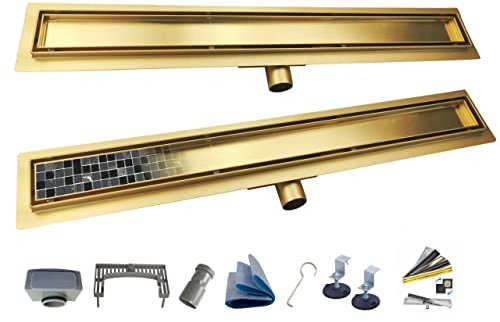 AQUA HEATING 2in1 linearer Edelstahl-Bodenablauf superflach Komplettset für Badezimmer mit bodengleicher Dusche, Duschrinne Ablaufgarnitur-Set, Duschablauf mit Siphon Doppelseitige Rost 100 cm gold