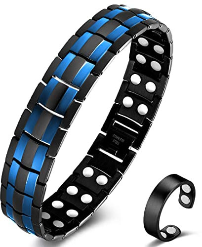 Vicmag Magnetarmband Herren Titanstahl-Magnetarmband Doppelreihige Ultra-Stärke-Magnete mit Einstellwerkzeug und Geschenkbox (Doppelte blaue Linie)