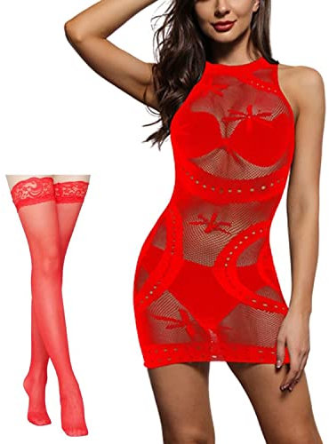 NLAND Lingerie Donna Babydoll Abito Skinny Senza Maniche con Calze Trasparente Camicia da Notte Collant per Coppia Notte da Nozze (Taglia unica, Rosso)