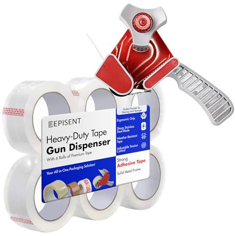 EPISENT Heavy Duty Packaging Tape Gun Dispenser - with Pack of 6 Clear Packaging Tape Rolls - 48MM x 66M - Heavy Duty Packing Tape with Dispenser - Tape Gun - for Parcel Boxes or General Purpose