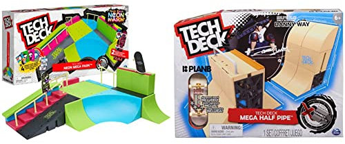 Tech Deck, Neon Mega Park X-Connect Creator, anpassbares Rampenset mit Zwei Fingerboards & Danny Way Mega Half Pipe X-Connect Park Creator, anpassbares Rampenset mit besonderem Plan B Fingerboard
