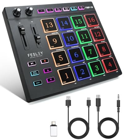 Fesley MIDI Controller Professional, Beat Maker Machine mit 16 Beat Pads, MPC mit 2 zuweisbaren Fader & Regler, Tragbarer MIDI Pad Controller, Beat Machine für Musik Making