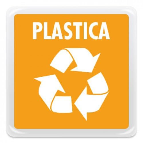Cartello Adesivo Rifiuti - plastica - Pittogramma adesivo effetto lente di formato mm. 95x95, realizzati in pvc adesivo bianco e stampati attraverso tecnica serigrafica