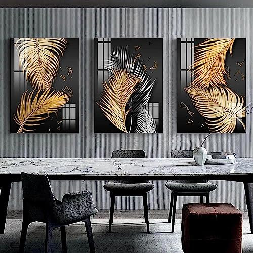 MHLCMG Leinwand Malerei Schwarzes Blatt Gold Feder Bilder Wandkunst Minimalistisches Poster Kunstdruck Bild Wand Wohnzimmer Schlafzimmer Dekor Kein Rahmen (3X50X70CM)