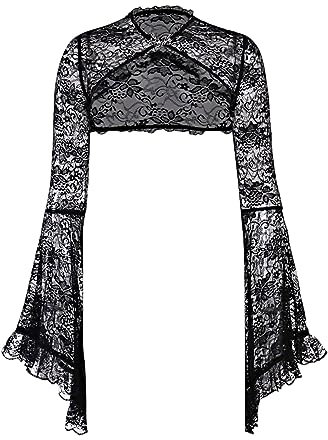 keland Women's Gothic Lolita Lace Shrug Cardigan Goth Long Flared Sleeve Bolero Crop Top (Black, Small)