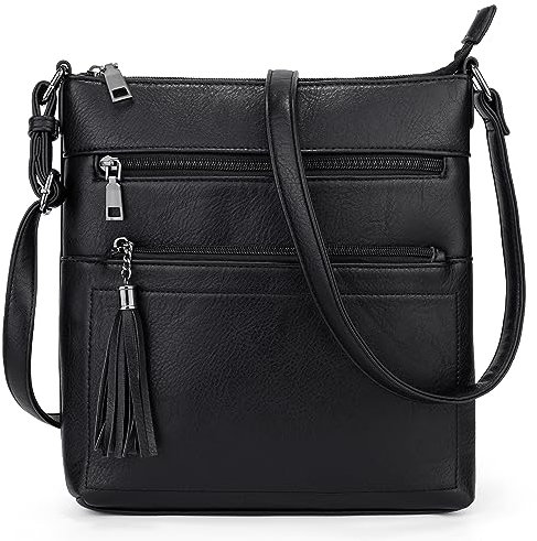 UTO Umhängetasche Damen Mittelgroß Leder Reißverschlusstasche Verstellbarer Riemen PU Leder Crossbody Kunstleder Schultertasche Schwarz