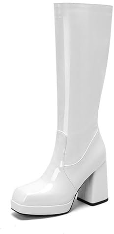 WOkismD Stivali Alti al Ginocchio in Pelle Verniciata Moda Donna Punta Quadrata Piattaforma Tacco Grosso Tacco Alto Cerniera Laterale Stivali Lunghi Scarpe Eleganti Autunno Inverno,Bianca,34