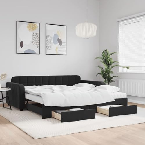 Festnight Tagesbett Ausziehbar mit Bettkasten & Schublade & Matratze Tagesbett 100 x 200 cm Ausziehbare 2-In-1-Tagesbett,Jugendbett 100 x 200 cm Gästebett Kinderbett,Schlafsofa Schwarz Samt